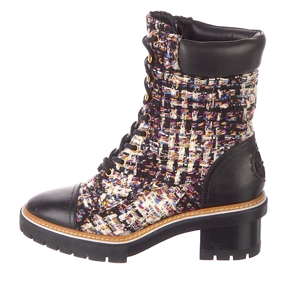 Tory Burch Tweed leather combat boots moto boots fall boots lace up booties